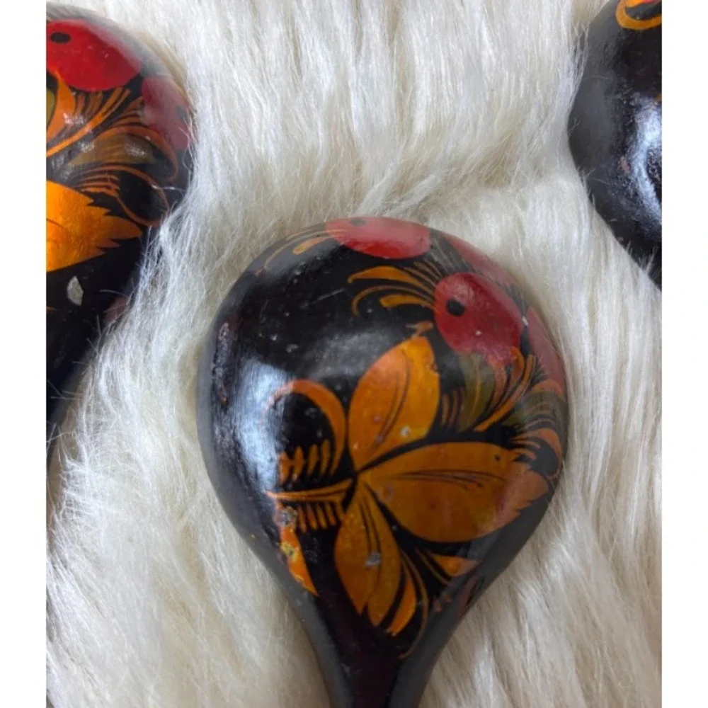 Vintage Khokhloma‎ Wooden Spoons Set 5 Hand Painted Russian Folk Art USSR Decor